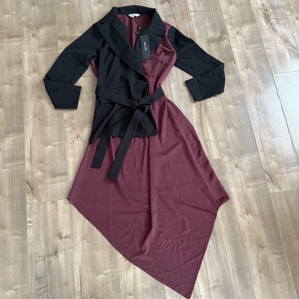 NEW Misook Colorblock Tie Waist Long Sleeve Dress Mahogany Black Medium Office